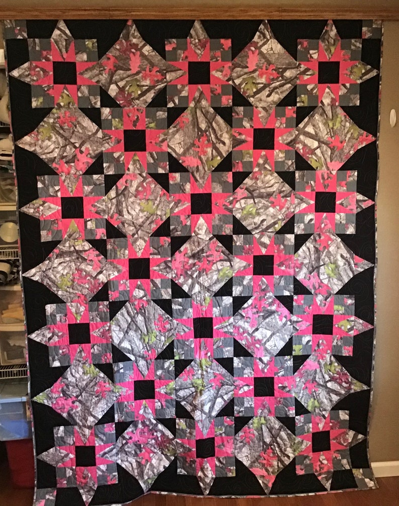 Pink Camo Quilt Lap Quilt Throw Quilt Handmade Quilt Pink and Black Quilt Twin Quilt Traditional Quilt Pattern
