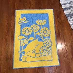 Applique Cat and Flowers Wall Hanging, Cat Lover Quilted Wall Hanging, Free Shipping, Ready to Ship, Handmade Wall Hanging