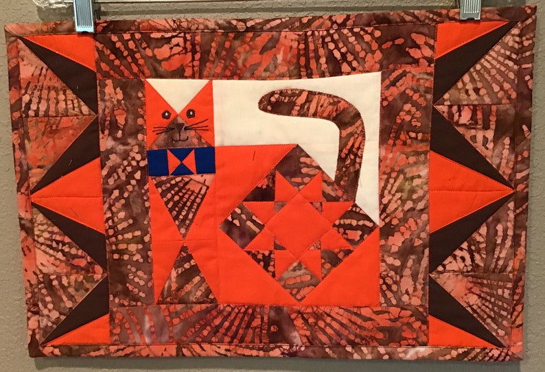 Free US Shipping Cat Quilted Placemats Set of 4 Orange and Brown Bowtie Cat Quilted Placemats Set of 4 Handmade Quilted Placemats
