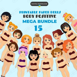 15 Body Positive Printable Paper Dolls MEGA BUNDLE, Activity for girls, Cut out activity craft, Light Skin tones paper dolls, Plus size doll