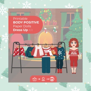 BODY POSITIVE Set natalizio di 9 maglioni brutti, kit per bambole di carta stampabili, bambola da vestire, regalo per bambini scaricabile digitalmente, gioco Mix & Match