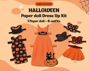 May include: A printable Halloween paper doll dress-up kit featuring an orange dress with a black bat on the bodice, a black cat, and a pumpkin. The kit includes six outfits with different patterns and designs.