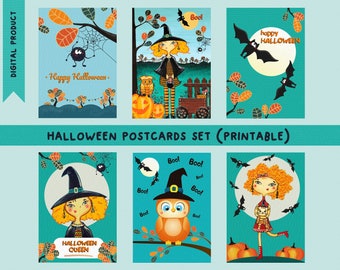 Set of 6 Halloween printable postcards | Instant download | Cute halloween | kids halloween postcard | Cute Halloween witch | Postcards set