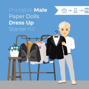 Printable Male Paper Doll Dress up Set, Digital Download paper dolls, Boy paper doll activity set, Paper Wardrobe