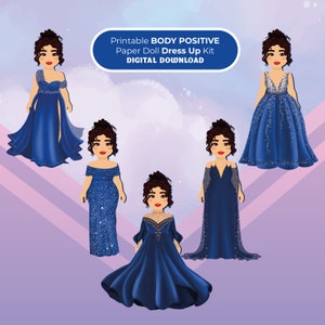 BODY POSITIVE Paper Doll 5-teiliges Kleiderset, dunkelblaue Kleider, bedruckbares Papierpuppenset, Anziehpuppe, digitaler Download, Outfit-Design
