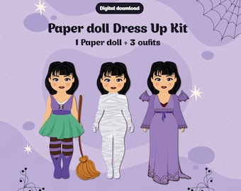 May include: A printable paper doll dress-up kit featuring a girl with black hair and three different outfits: a witch costume with a green skirt and purple top, a mummy costume, and a vampire costume with a purple dress and bat wings. The text "Paper doll Dress Up Kit" and "1 Paper doll + 3 outfits" is included in the image.