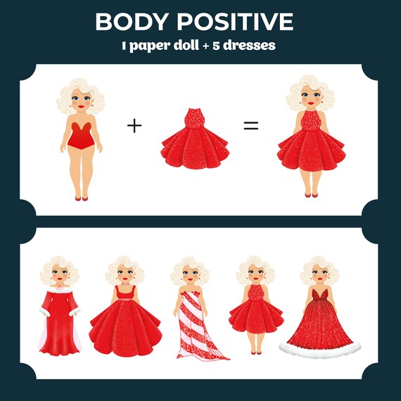 red paper dolls dress BODY POSITIVE Christmas Printable 5-piece Paper Doll Set With Red Dresses