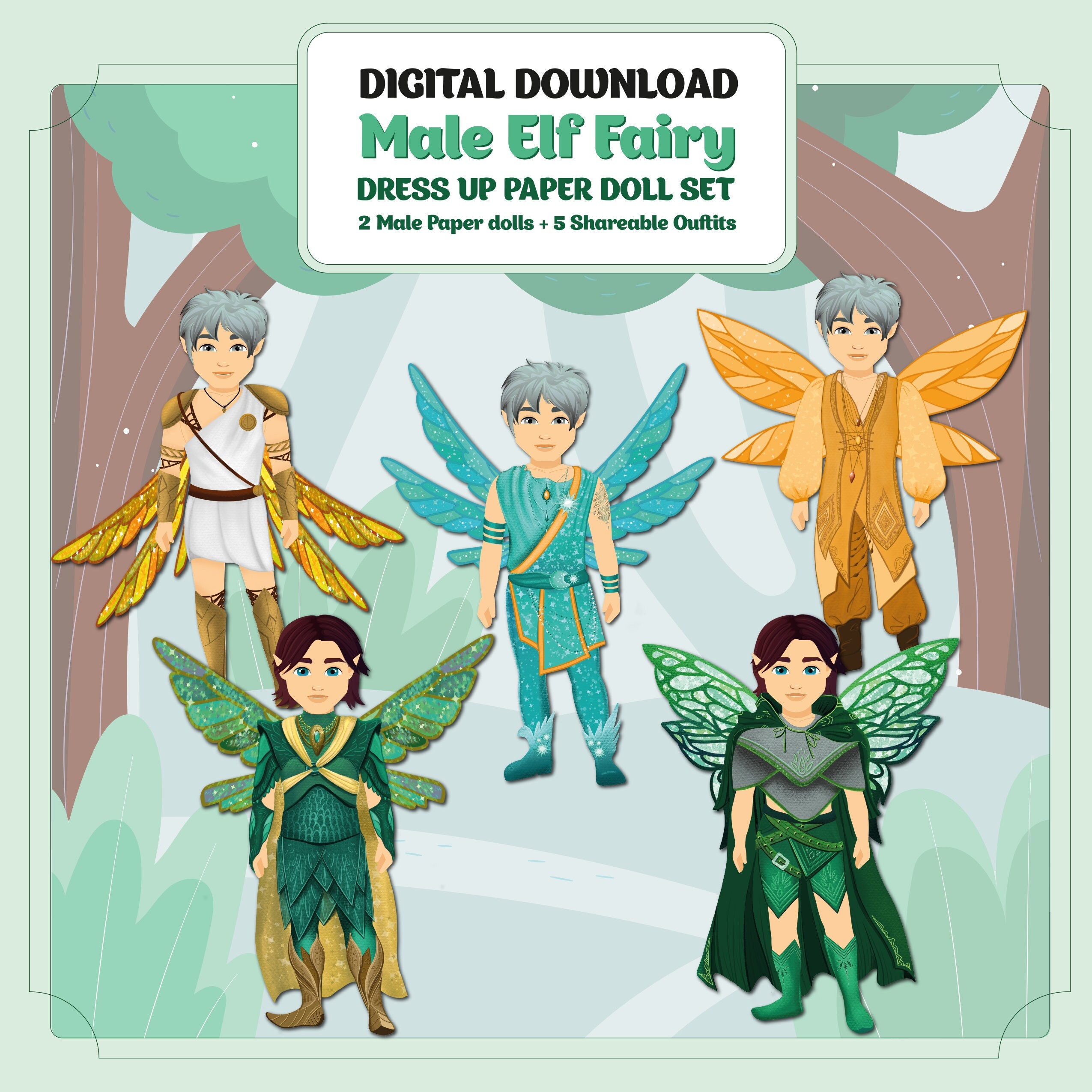 2 Printable ELF FAIRY Paper Dolls With 5 Outfits Set - Etsy