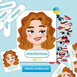 Páginas de atividades EMOTIONS, Download instantâneo, Cartões Montessori fofos, Educação domiciliar, Atividade para meninas, Quadro de sentimentos, Garota americana, flashcards