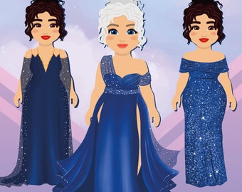 BODY POSITIVE PrintablePaper Doll 5-piece with Dark BLUE Dresses Clothes set