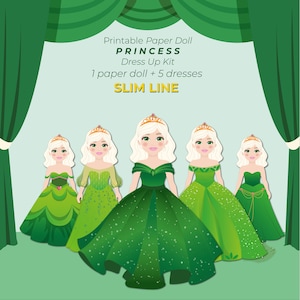 SLIM line Princess Paper Doll set with Emerald Green Dresses, Printable Paper Doll kit, Dress Up Doll, DIY, Cut out craft, Girl activity