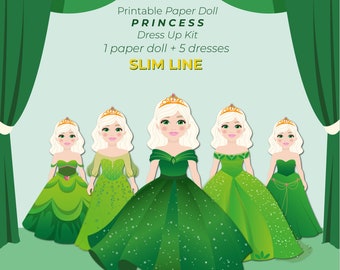 Set di bambole di carta stampabili della linea SLIM con abiti verde smeraldo