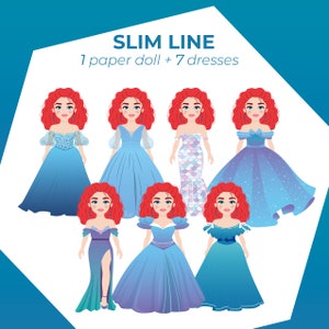 SLIM line Princess Paper Doll set with Blue Purple Dresses, Printable Paper Doll kit, Dress Up Doll, DIY, Cut out craft, Girl activity