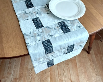 Pathways Handmade Quilted Table Runner Gray White Bohemian 80 inch