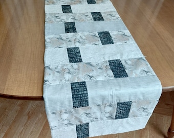 Gray & White Quilted Table Runner Modern Design 48 inch