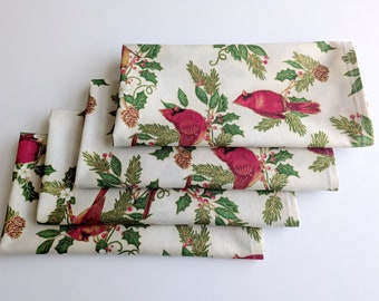 Red Cardinal Christmas Napkins Cotton Holiday dining cloth napkins Cardinal napkins Bird napkins