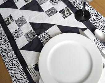 Black and White Patchwork Table Runner Modern Kitchen & Console Decor