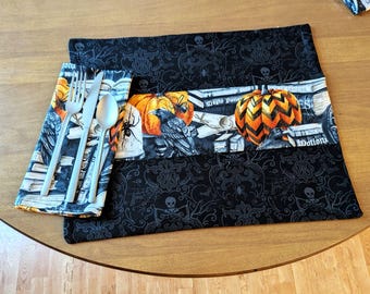 Haunted Harvest Placemat Napkin Set Halloween Table Decor Placemat set Spooky table setting Handmade