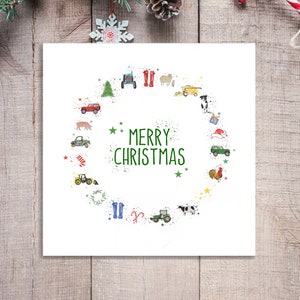 May include: A white Christmas card with a green wreath of farm-themed illustrations surrounding the text "Merry Christmas".