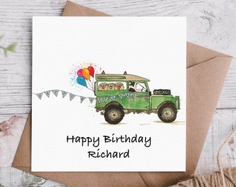 Personalized Land Rover Birthday Card, Border Collie, Sheep