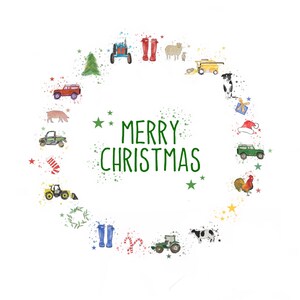 May include: A watercolor illustration of a Christmas wreath with farm animals, tractors, and other festive elements. The wreath is decorated with red and green candy canes, stars, and a green Christmas tree. The text "Merry Christmas" is written in green letters in the center of the wreath.