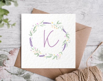 Floral Letter Card, Personalized Watercolor Initial