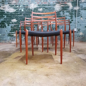 set of 6 teak J.L. Moller 78 dining chairs with black danish cord
