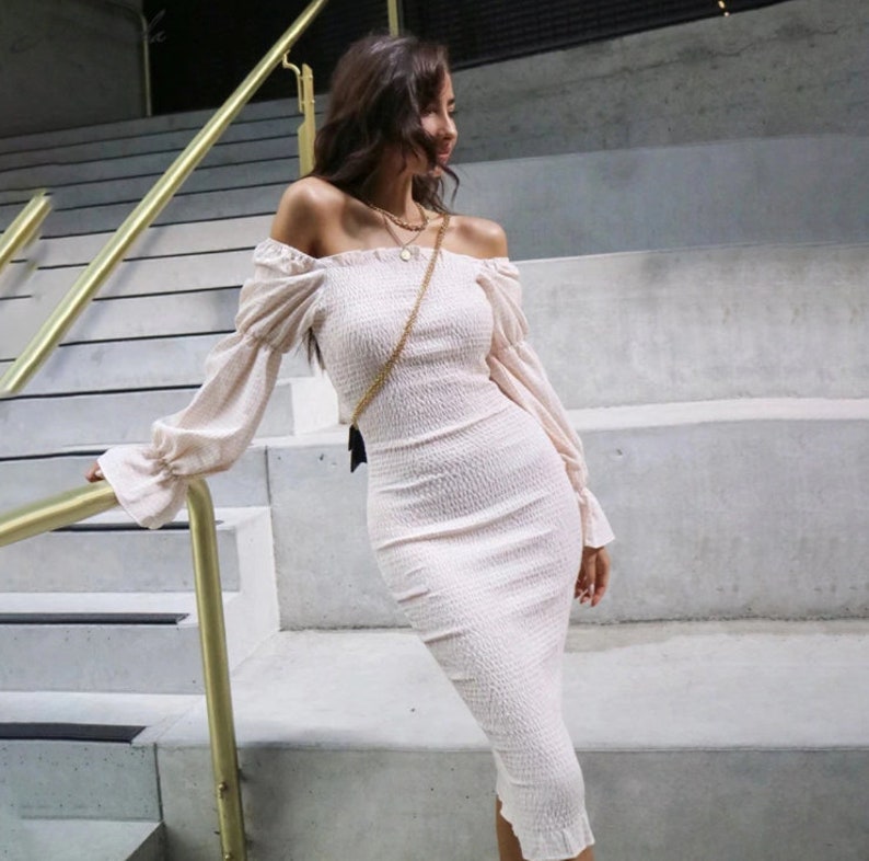 Classic White Bodycon Dress Bohemian Style Plain White Lady Dress
