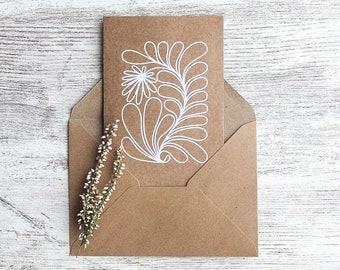 ONE botanical Greeting Cards with envelope - Minimal Style - white ink on kraft paper - flower line art - Hand made in Barcelona