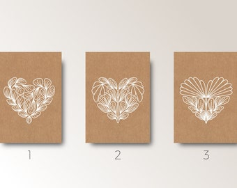 Three Nopal Love Greeting Cards with envelope - Botanical Minimal Style - white ink - kraft paper - flower line art - Hand made in Barcelona