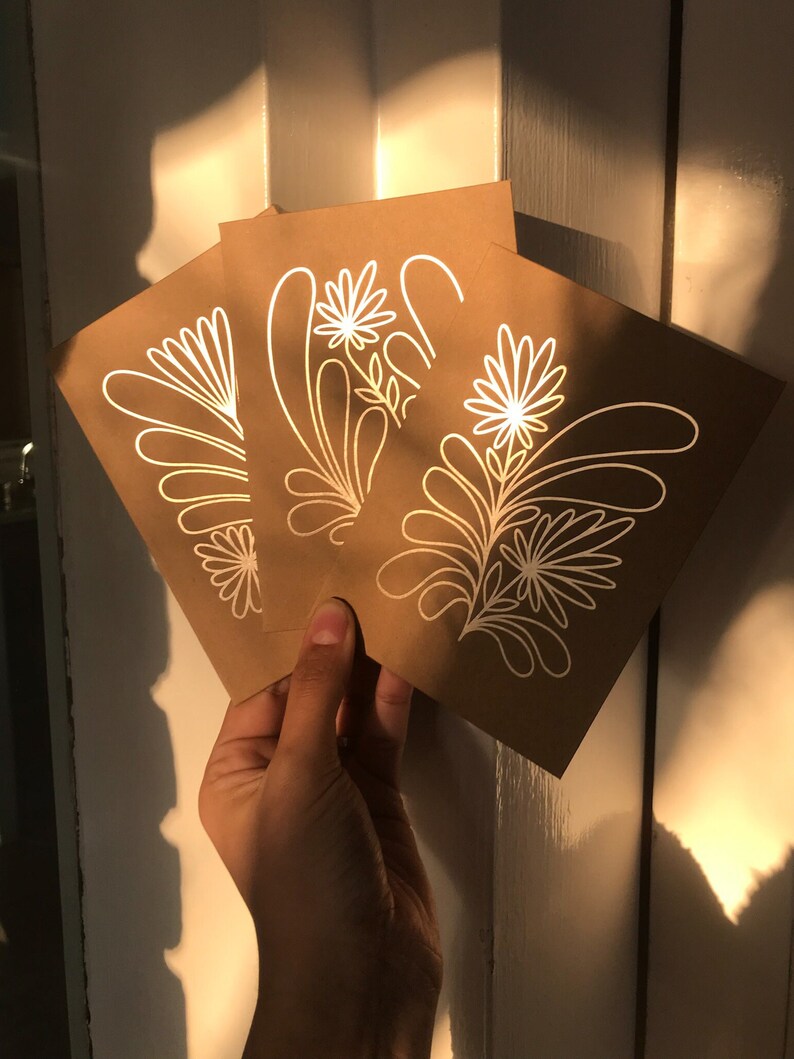 Three Botanical GOLD Greeting Cards with envelope Minimal Style white ink on kraft paper flower line art Hand made in Barcelona image 9