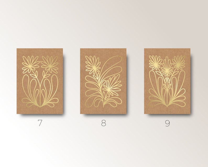 Three Botanical GOLD Greeting Cards with envelope Minimal Style white ink on kraft paper flower line art Hand made in Barcelona image 6