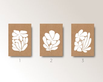 Three Bloom Greeting Cards with envelope - Botanical Minimal Style - white ink - kraft paper - flower line art - Hand made in Barcelona