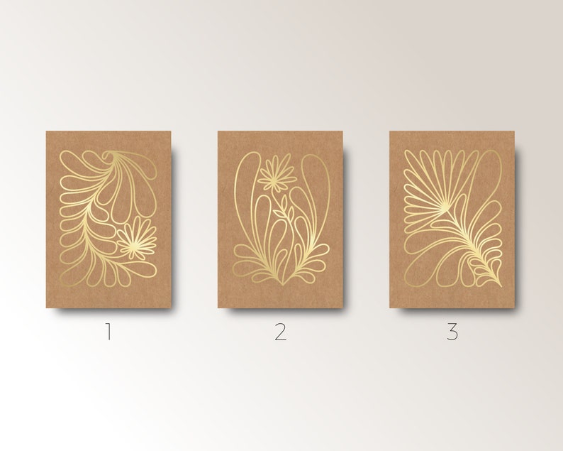 Three Botanical GOLD Greeting Cards with envelope Minimal Style white ink on kraft paper flower line art Hand made in Barcelona image 3