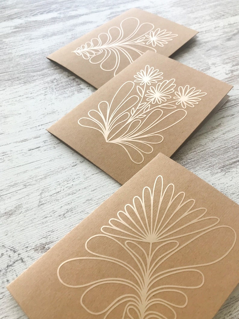 Three Botanical GOLD Greeting Cards with envelope Minimal Style white ink on kraft paper flower line art Hand made in Barcelona image 1