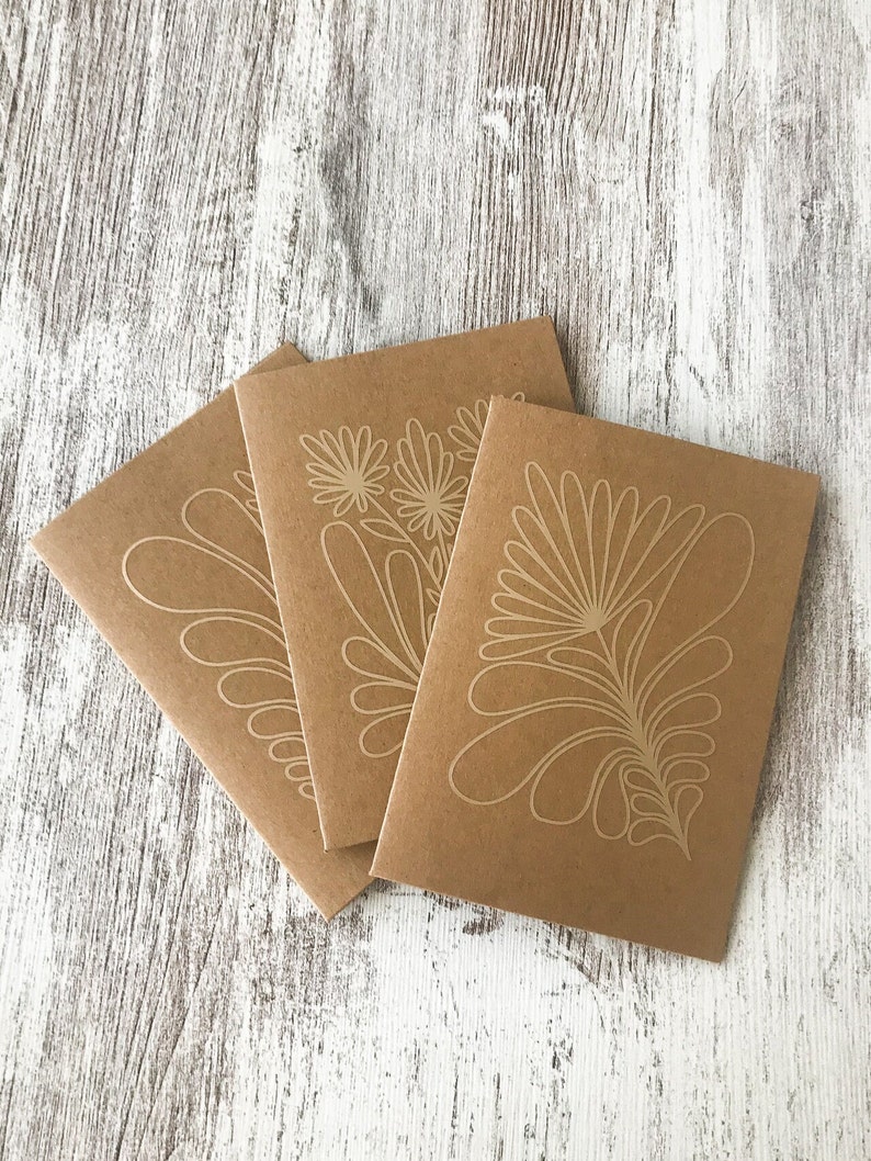 Three Botanical GOLD Greeting Cards with envelope Minimal Style white ink on kraft paper flower line art Hand made in Barcelona image 8