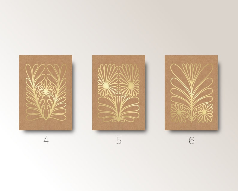 Three Botanical GOLD Greeting Cards with envelope Minimal Style white ink on kraft paper flower line art Hand made in Barcelona image 5