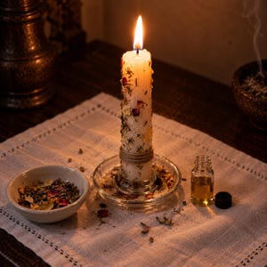 Puede incluir: Una vela de pilar color blanco roto encendida, incrustada con pétalos de flores y hierbas secas, envuelta con cuerda en la base y colocada en un plato de vidrio transparente. Al lado hay un cuenco de cerámica con plantas secas y un frasco de vidrio.