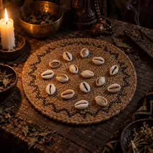 May include: A circular woven mat featuring a dark geometric pattern along the border, topped with thirteen scattered white cowrie shells. The mat is crafted from natural fibers and displays a textured, braided surface with a consistent circular weave.