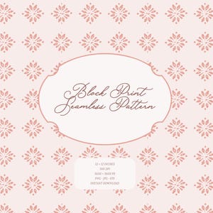 Op de afbeelding: Een naadloos blokprintpatroon in een zachte roze tint, met een herhalend bloemmotief in een gedempte koraalkleur. De afbeelding bevat de tekst "Block Print Seamless Pattern" in een decoratief lettertype.