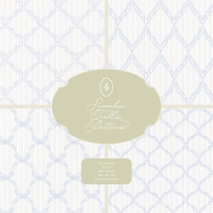 Op de afbeelding: Vier naadloze trellispatronen in lichtblauw en wit. De patronen hebben een trellisontwerp met bladaccenten. De afbeelding bevat de tekst "Seamless Trellis Patterns".