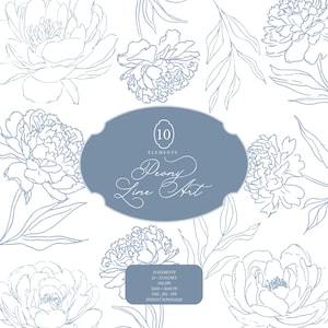 May include: Digital illustration of peony line art in pale blue on white. The design features multiple peony blooms and leaves, with a central blue oval containing the text "Peony Line Art" and details about the elements. The image is for instant download.