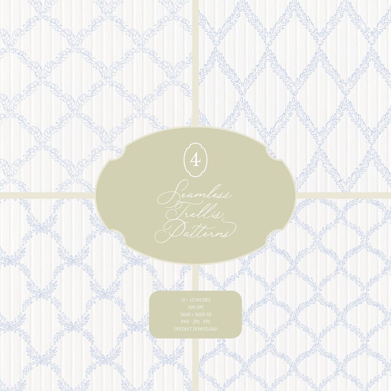 Blue Floral Trellis Pattern | Cottagecore Digital Paper (PNG, JPG, EPS ...