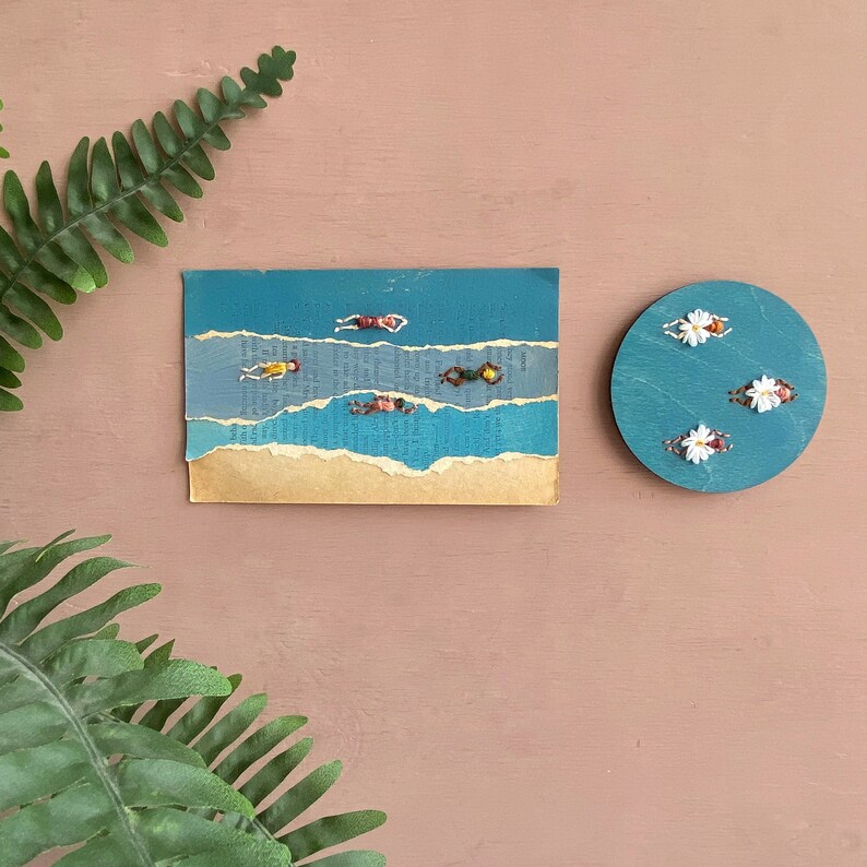 Embroidered sea swimmers on wood wall art image 5