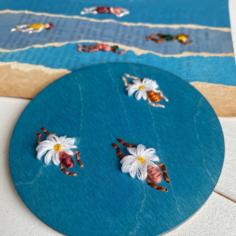 Embroidered sea swimmers on wood wall art image 2