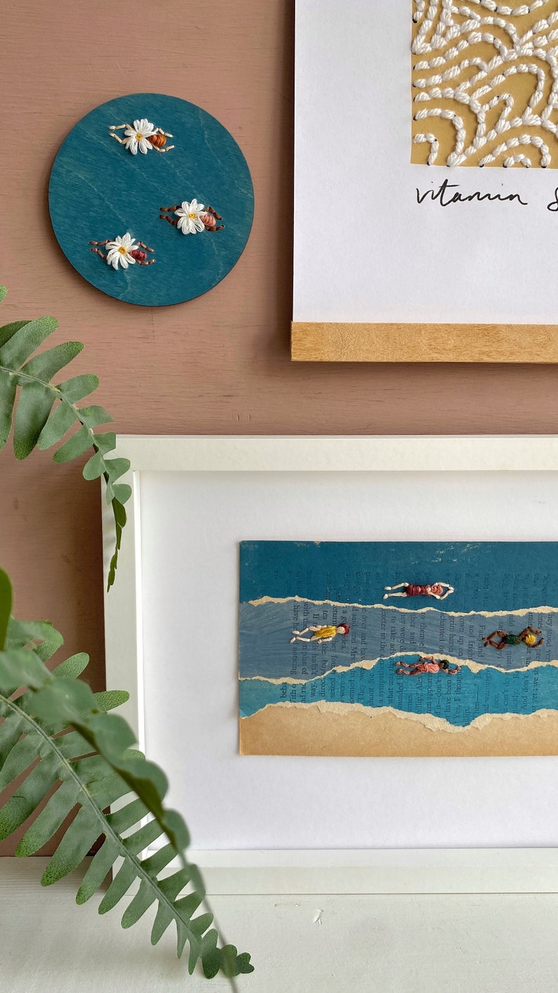 Embroidered sea swimmers on wood wall art image 7