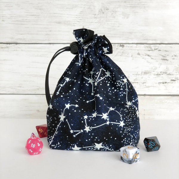 STARLIGHT glow-in-the-dark dice bag with constellations, perfect for dnd, dungeons and dragons, runes, crystals, polyhedral dice, gifts