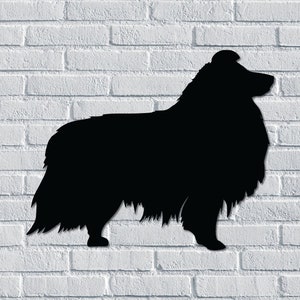 May include: Silhouette of a black dog with long fur, standing on a white brick wall background.