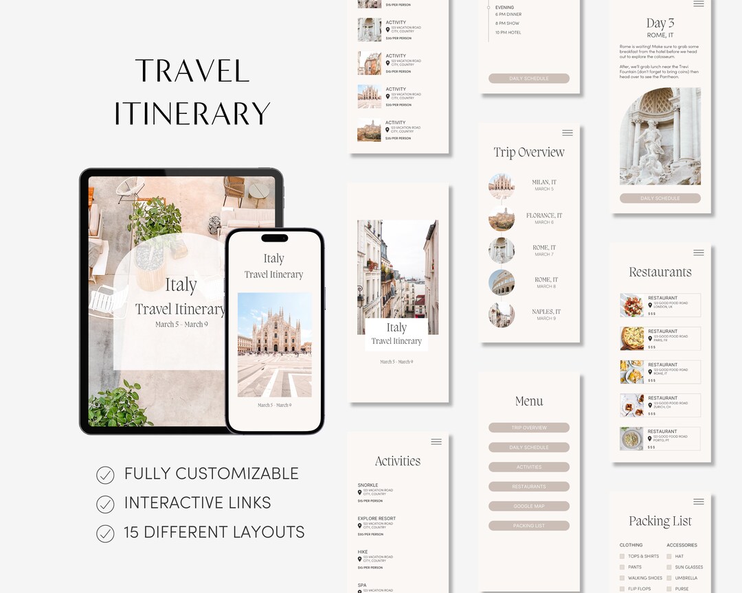 Travel Itinerary Mobile Template - Neutral | Editable Canva Trip ...