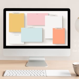 以下が含まれることがあります： カラフルな付箋に「進行中」「音楽」「仕事」「やること」「完了」「個人」と書かれたデジタルデスクトップ壁紙が表示されたコンピューター画面。